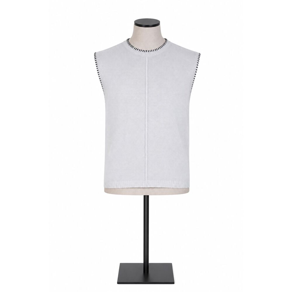 Men SHEIN White Knit Sweater Vest Contrast Stitch Sleeveless Crew Neck Oversized